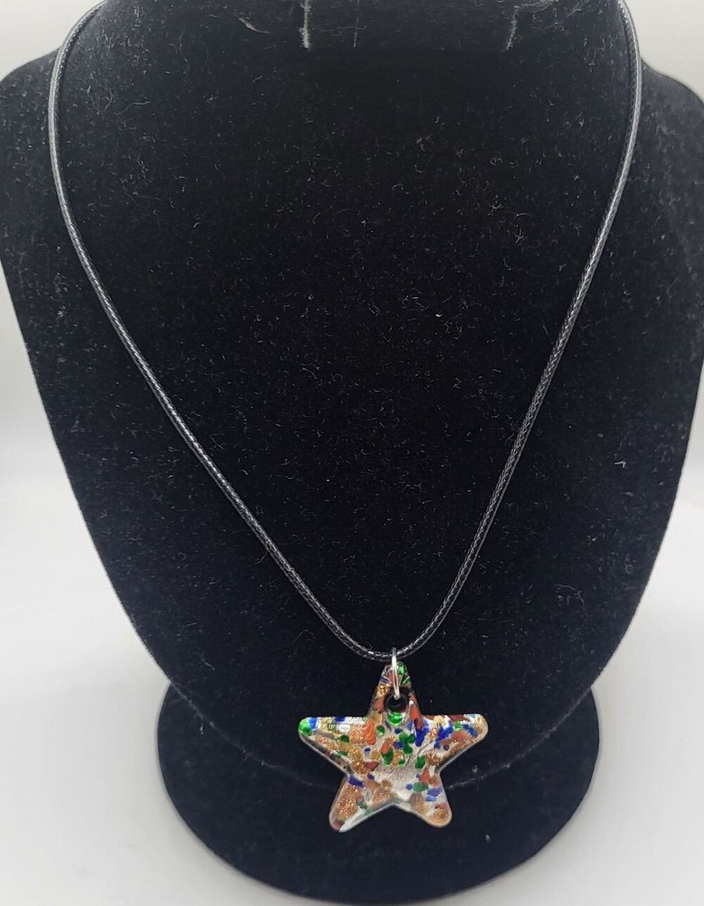 Estate Blown Glass Glitter Star Necklace 17in - Picture 3 of 4